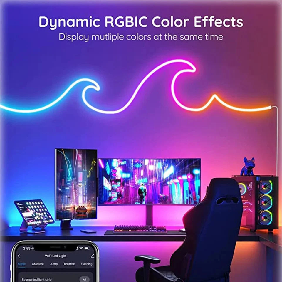 USB Neon Strip Light Waterproof RGBIC LED Tape Lamp 5M, Bluetooth Control USB Neon Strip Light Waterproof RGBIC LED Tape Lamp 5M, Bluetooth Control